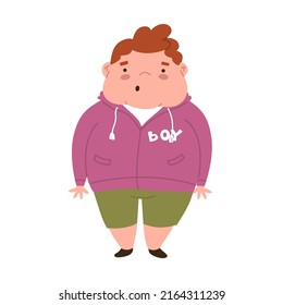 Sad boy in depression, sits on a bench. Shame for obesity. The fat child is suffering. Stop children's overeating. Diseases of the gastrointestinal tract. Flat style in vector illustration.