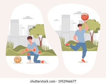 Sad boy with different body pains trying to take ball, and happy active man playing with basketball in city park vector flat illustration. Active lifestyle, sport, treatment gave results concept.
