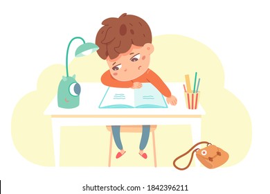 Sad boy doing homework at home. Tired schoolboy learns lessons, sits at his desk. Vector character illustration of elementary children education, student in classroom, study problems in school