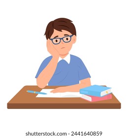 Sad boy doing homework .Schoolboy feeling boredom.Vector illustration