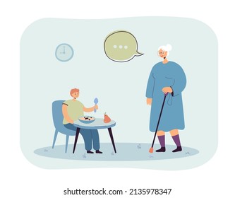 Sad boy eating porridge prepared by grandmother. Senior woman taking care of grandson health, making breakfast flat vector illustration. Family concept for banner, website design or landing web page