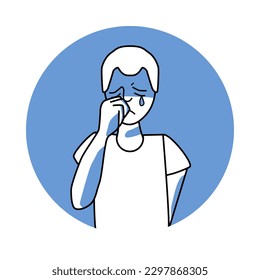 Sad boy with emotion of melancholy, facial expression with gestures. Teenager in sadness, white hair, expressing his melancholy feelings. Blue vector circle icon.