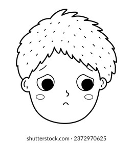 Sad boy face in black and white. Little kid emotion in outline. Close up portrait of confused character. Vector illustration