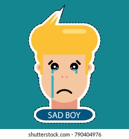 Sad Boy Face - Comic Mood Design - Vector Sticker Illustration