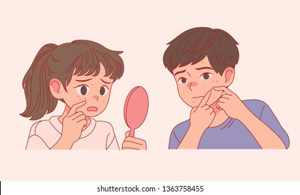 Sad boy, girl character with acne, rash. hand drawn style vector design illustrations. Sad boy, girl character with acne, rash. hand drawn style vector design illustrations.