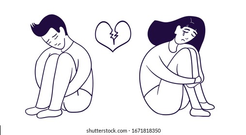 Sad boy and girl. Depressed people. Psyhological help. Broken heart woman and men. Lost love vector illustration