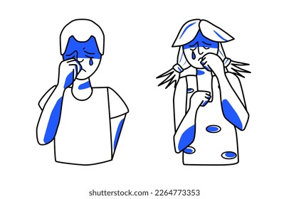 Sad boy and girl, emotion of sorrow. Melancholy of brother and sister, line art, half body hand drawn sketch style with blue spots.