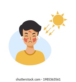 Sad boy got  sunburn on his face. Skin damage.