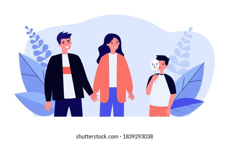 Sad Boy Holding Happy Mask And Talking To His Parents. Feeling, Communication. Flat Vector Illustration. Psychological Concept Can Be Used For Presentations, Banner, Website Design, Landing Web Page