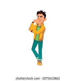 Sad Boy Holding Injured Elbow Cartoon Vector. Sad Boy Holding Injured Elbow Character. Isolated Flat Cartoon Illustration