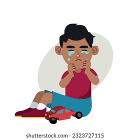 Sad boy kid crying over broken toy car sitting on floor. Upset weeping kid. Child cartoon character. Childhood and preschool problem coping. Flat vector isolated illustration