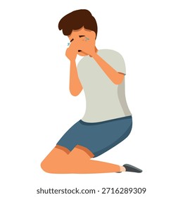Niño triste arrodillado y llorando, cubriéndose la cara con las manos, expresando dolor y tristeza