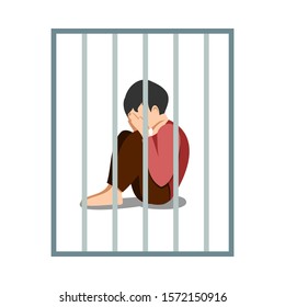 A sad boy is locked up in a cage. The concept of limiting children's abilities in society. Illustration of human character.