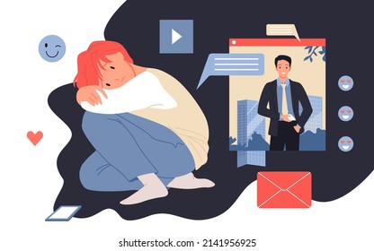 Sad boy looking on photo of young and happy successful businessman on screen of mobile phone. Frustration, loneliness and depression of lonely teenager flat vector illustration. Social media concept