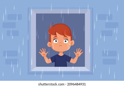 
Sad Boy Looking At Rain From His Window Vector Cartoon. Crying Child Feeling Alone And Unhappy At Home Unable To Play Outside Due To Rainy Weather
