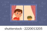 Sad Boy Looking at Rain from Window. Thoughtful little preschooler stay at home and misses warm weather. Downpour in autumn season. Cold and raindrops in fall. Cartoon flat vector illustration