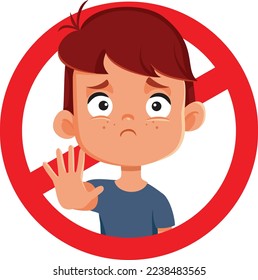 
Sad Boy Making Stop Gesture in Forbidden Sign Vector Cartoon Illustration. Pictogram of a child indication prohibited behavior with nonverbal communication
