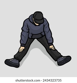 Sad boy or man or guy Cap Hoodie jacket sweater long pants laying shoes on the ground with sad pose on grey Background vector modern illustration