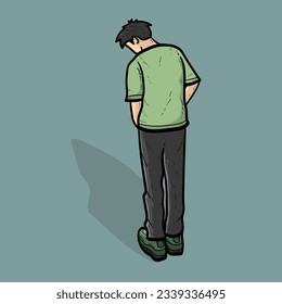 Sad Boy or man or guy facing back on green Background vector modern illustration