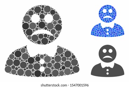 Sad boy mosaic of round dots in various sizes and shades, based on sad boy icon. Vector round dots are grouped into blue illustration. Dotted sad boy icon in usual and blue versions.