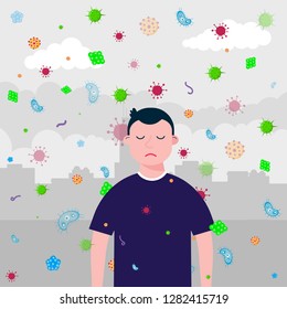 Sad boy no mask, bacterias and viruses fly because infection transmitted by air. Mask as protection against bacterias and viruses concept flat style vector illustration isolated on city background.