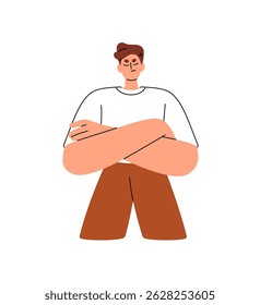 O menino triste fica ofendido, cruza as mãos e pensa. Homem pensativo chateado está desapontado. Uma pessoa perplexa e pensiva procura a solução do problema. Ilustração de vetor isolado plano sobre fundo branco