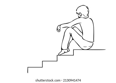 Sad boy outline illustration. Sad boy sitting on stairs black thin line art vector illustration isolated on white background. Unhappy person in bad mood sitting on stairs