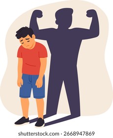 Muchacho triste con la sombra fuerte potente que simboliza la creencia en uno mismo, la motivación y el crecimiento personal, Ilustración vectorial plana moderna