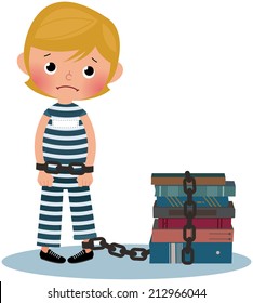 Sad boy prisoner chained to the books vector illustration on the theme of the beginning of studies