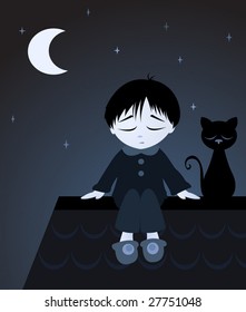 sad boy in pyjamas sitting on top of roof with his black cat