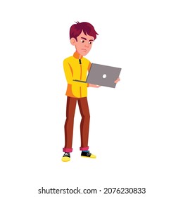 sad boy reading news on laptop cartoon vector. sad boy reading news on laptop character. isolated flat cartoon illustration