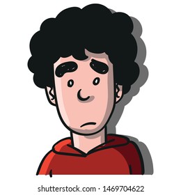 a sad boy with red pullover and black hair. illustration, doodle, sketch.