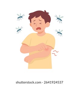 Sad boy scratching mosquito bite on arm. Cartoon child with red itchy skin surrounded by flying insects. Concept of insect allergy, summer pests, mosquito attack, discomfort and itching.