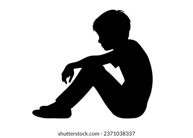 Sad boy silhouette. Side profile portrait sitting on ground. vector illustration