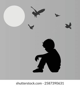  Sad boy  silhouette  with vector of illustration