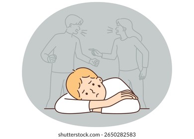 Sad boy sits alone near conflict of parents not paying attention to son. Concept of family conflict and problems in relationships that harm upbringing of child and cause psychological troubles