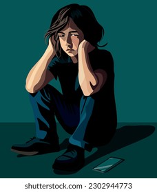 Sad boy sitting, bullying problem, social network, digital bullying. Problems in the family, shame. Being teased. Negative comments on social networks. Boy sitting with mobile phone
