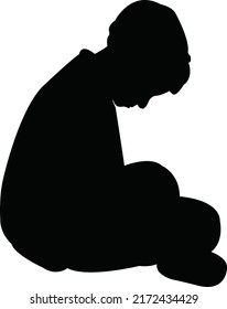 a sad boy sitting cross-legged, silhouette vector