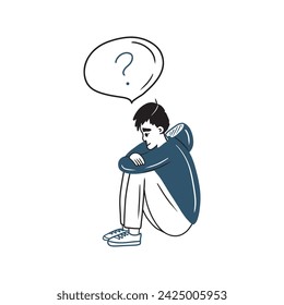 Sad boy is sitting and holding his legs and trying to solve his problems and find the answers. Blue hoodie teenager. School troubles, broken heart. Hand drawn vector sketch doodle illustration