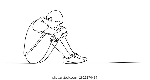 Sad boy sitting and hugging his knees continuous line drawing vector illustration