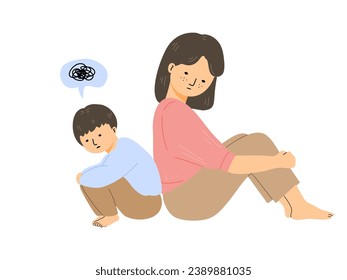 Sad boy sitting hugging knees with his mother sitting beside for listen him, flat vector illustration.