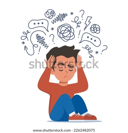Sad boy sitting on floor surrounded by by stream of anxious thoughts. Autism, child stress, mental disorder, anxiety, depression, stress, headache. Child plugged ears with hands. Vector illustration