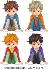 Sad boy sitting on the ground floor set illustration
