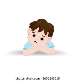 Sad boy sitting at table isolated on background. Vector illustration in cartoon character flat style.