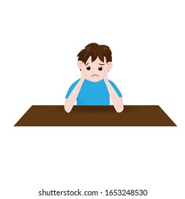 Sad boy sitting at table isolated on background. Vector illustration in cartoon character flat style.