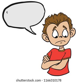  sad boy with speech bubble cartoon illustration isolated on white