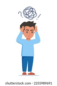 Sad boy standing on floor surrounded by by stream of anxious thoughts. Autism, child stress, mental disorder, anxiety, depression, stress, headache. Child plugged ears with hands. Vector illustration