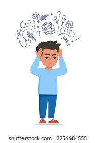 Sad boy standing on floor surrounded by stream of anxious thoughts. Autism, child stress, mental disorder, anxiety, depression, stress, headache. Child plugged ears with hands. Vector illustration