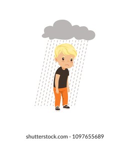 Sad boy standing under stormy rainy clouds vector Illustration on a white background