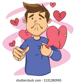 Sad boy sticker vector illustration. Character of male cartoon showing the broken heart expression